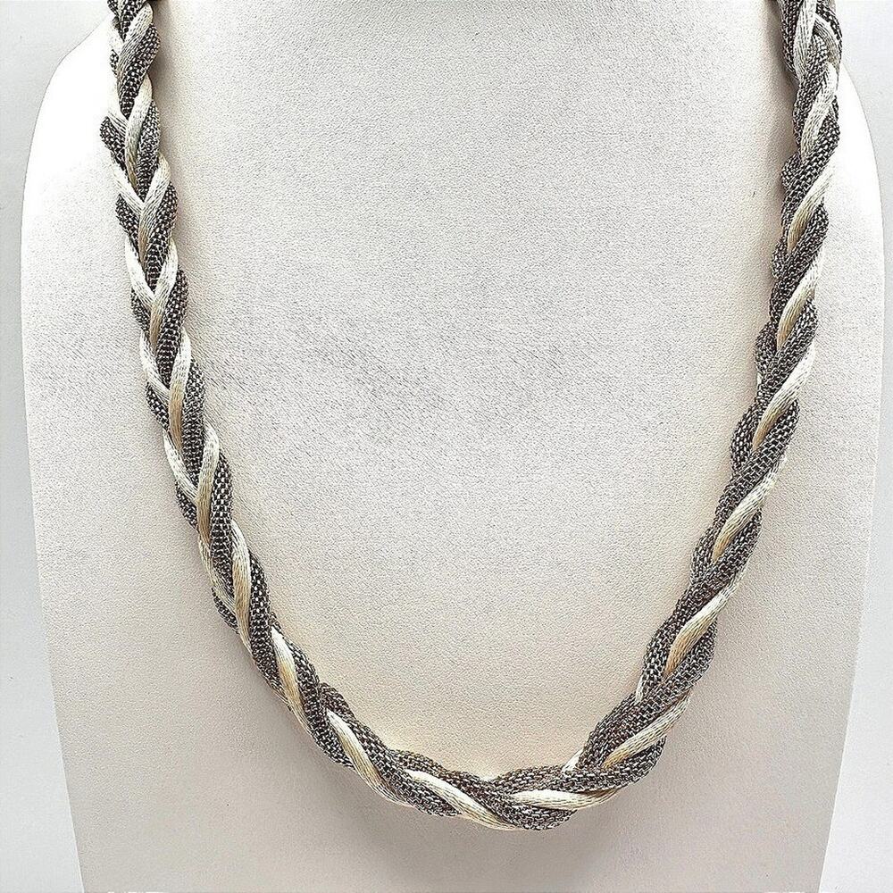 Vintage 90s Braided Gold Tone Mesh & Cream Silk Cord Statement Necklace Jewelry